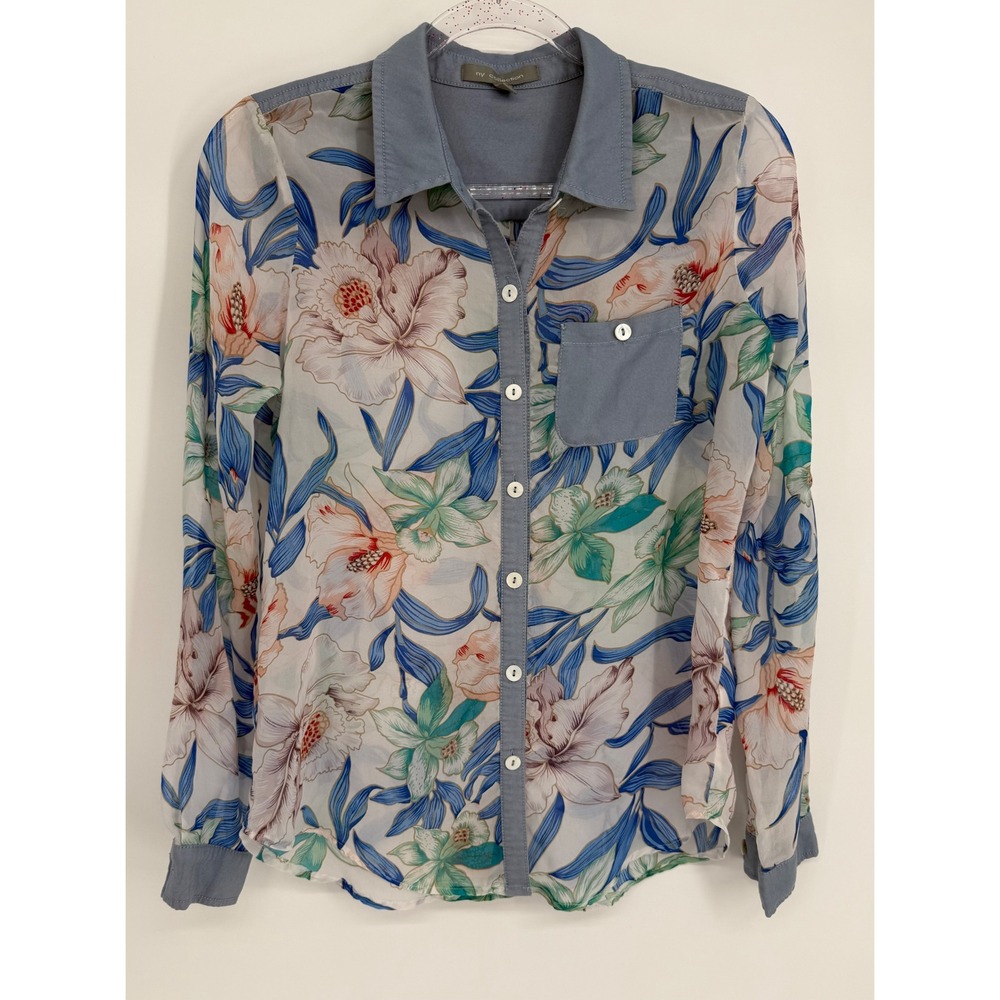 NY Collection Sheer Floral Button Down Blouse Blue White Roll Tab Sleeve Sz S